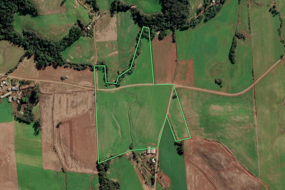 Imagem de satélite do imóvel rural em Camargo (RS), com o contorno declarado no CAR desenhado por cima.
