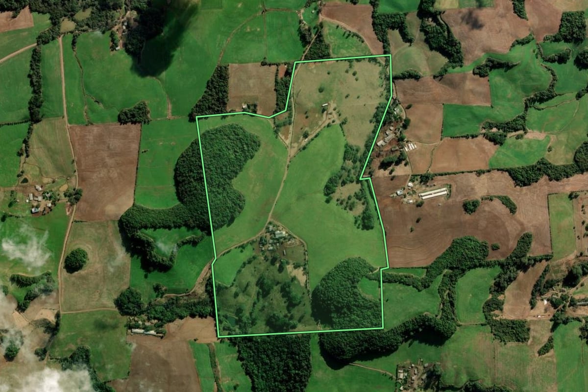 Imagem de satélite do imóvel rural em Camargo (RS), com o contorno declarado no CAR desenhado por cima.