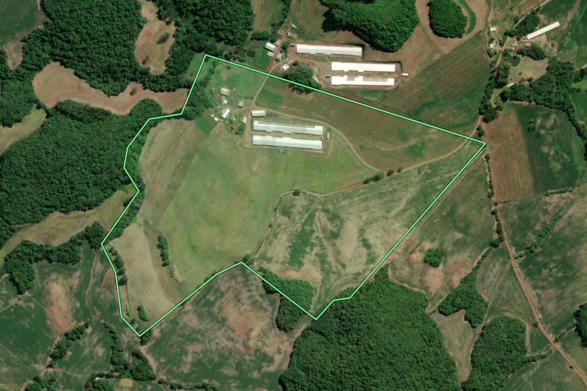 Imagem de satélite do imóvel rural em Camargo (RS), com o contorno declarado no CAR desenhado por cima.