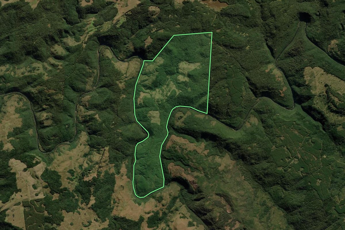 Imagem de satélite do imóvel rural em Cambará do Sul (RS), com o contorno declarado no CAR desenhado por cima.