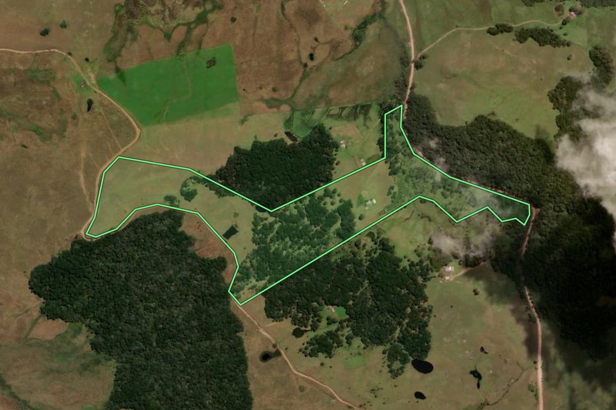 Imagem de satélite do imóvel rural em Cambará do Sul (RS), com o contorno declarado no CAR desenhado por cima.