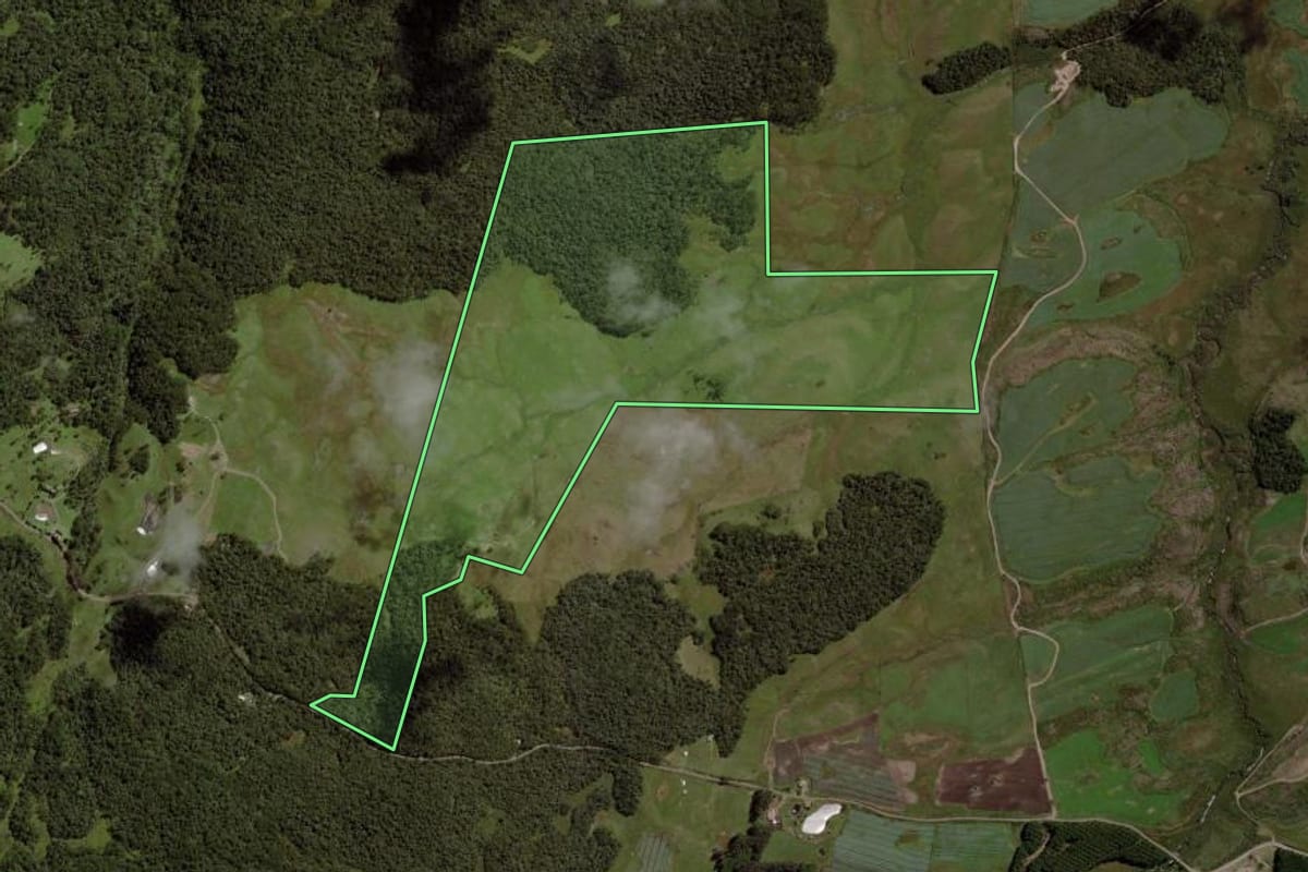 Imagem de satélite do imóvel rural em Cambará do Sul (RS), com o contorno declarado no CAR desenhado por cima.