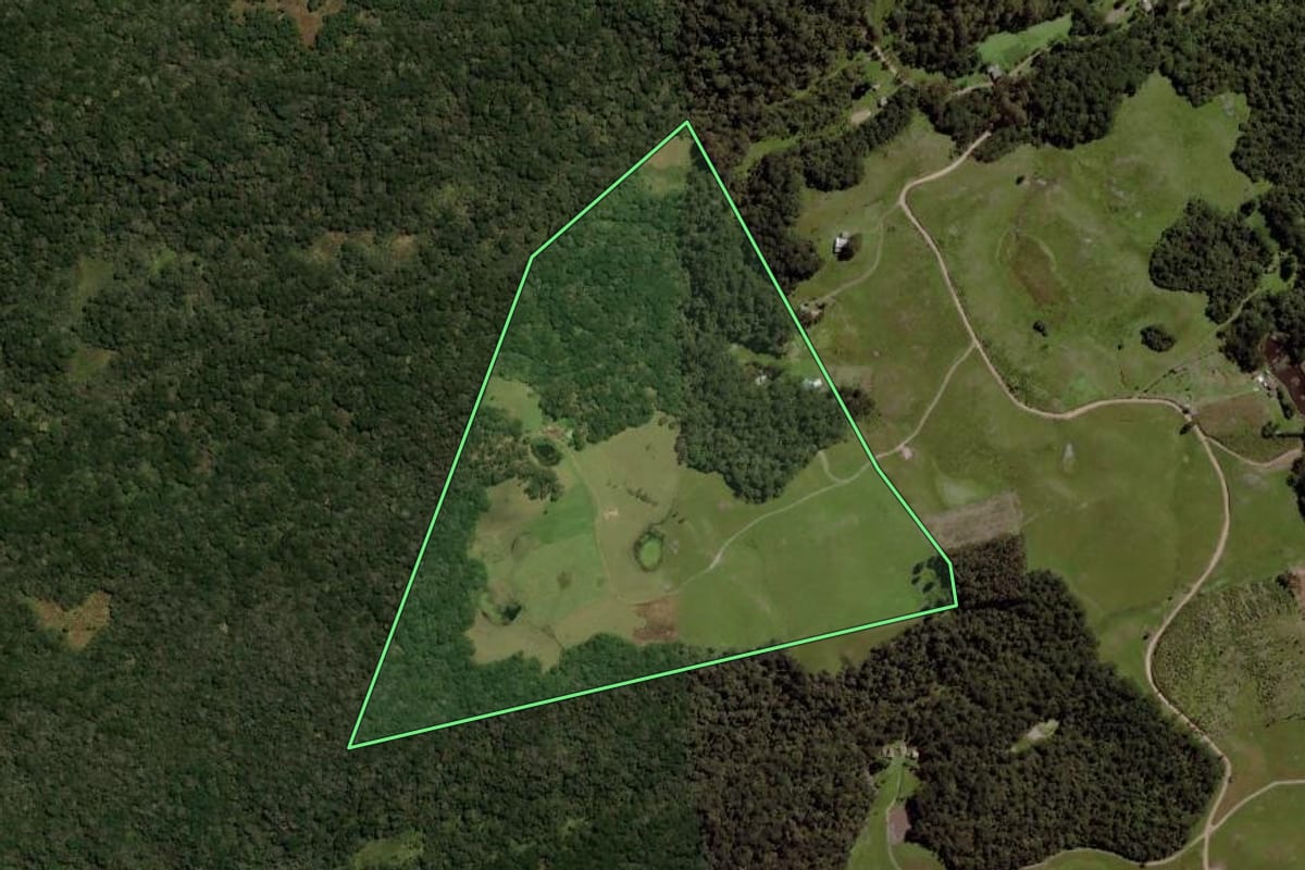Imagem de satélite do imóvel rural em Cambará do Sul (RS), com o contorno declarado no CAR desenhado por cima.