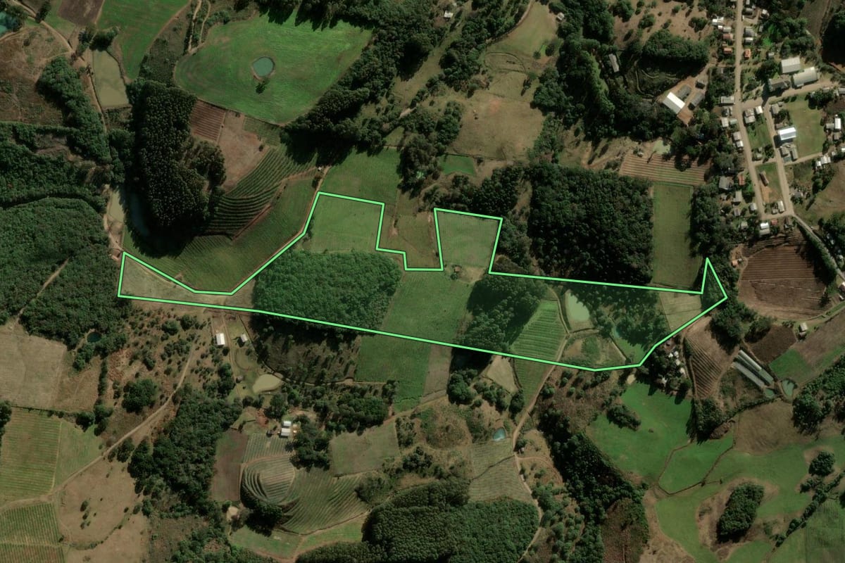 Imagem de satélite do imóvel rural em Campestre da Serra (RS), com o contorno declarado no CAR desenhado por cima.