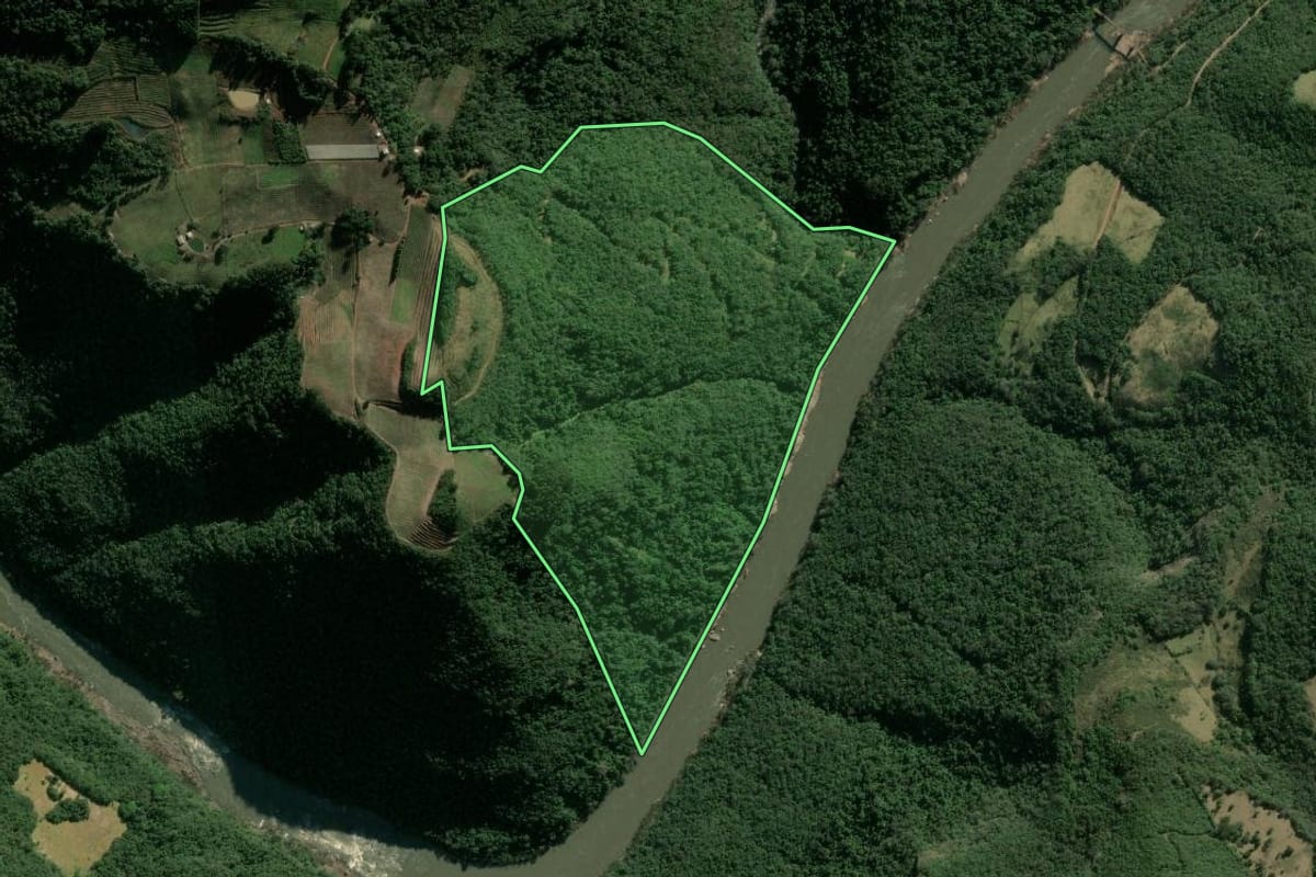 Imagem de satélite do imóvel rural em Campestre da Serra (RS), com o contorno declarado no CAR desenhado por cima.
