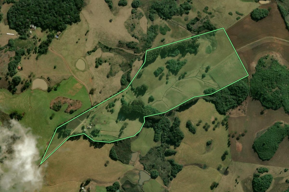 Imagem de satélite do imóvel rural em Campestre da Serra (RS), com o contorno declarado no CAR desenhado por cima.