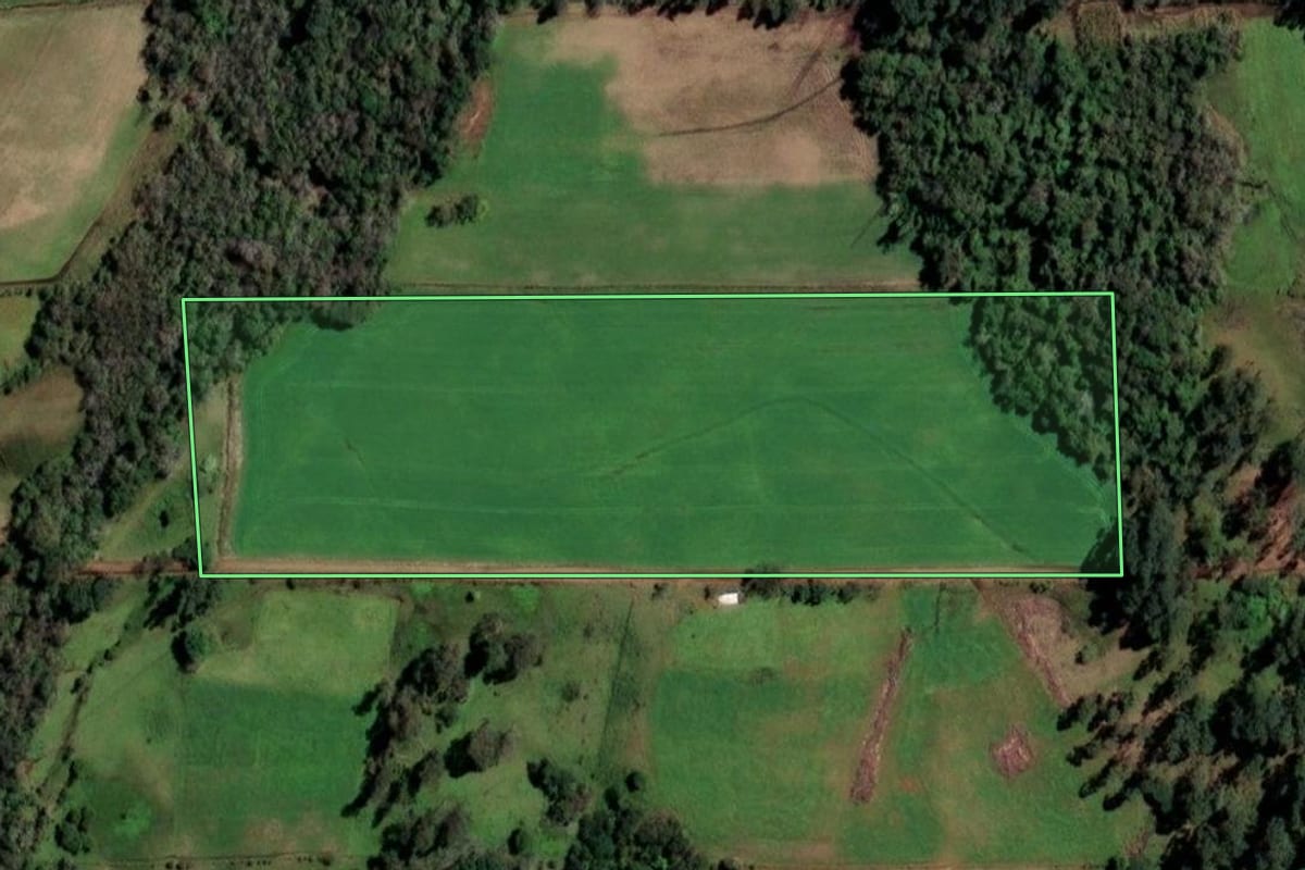 Imagem de satélite do imóvel rural em Campina das Missões (RS), com o contorno declarado no CAR desenhado por cima.