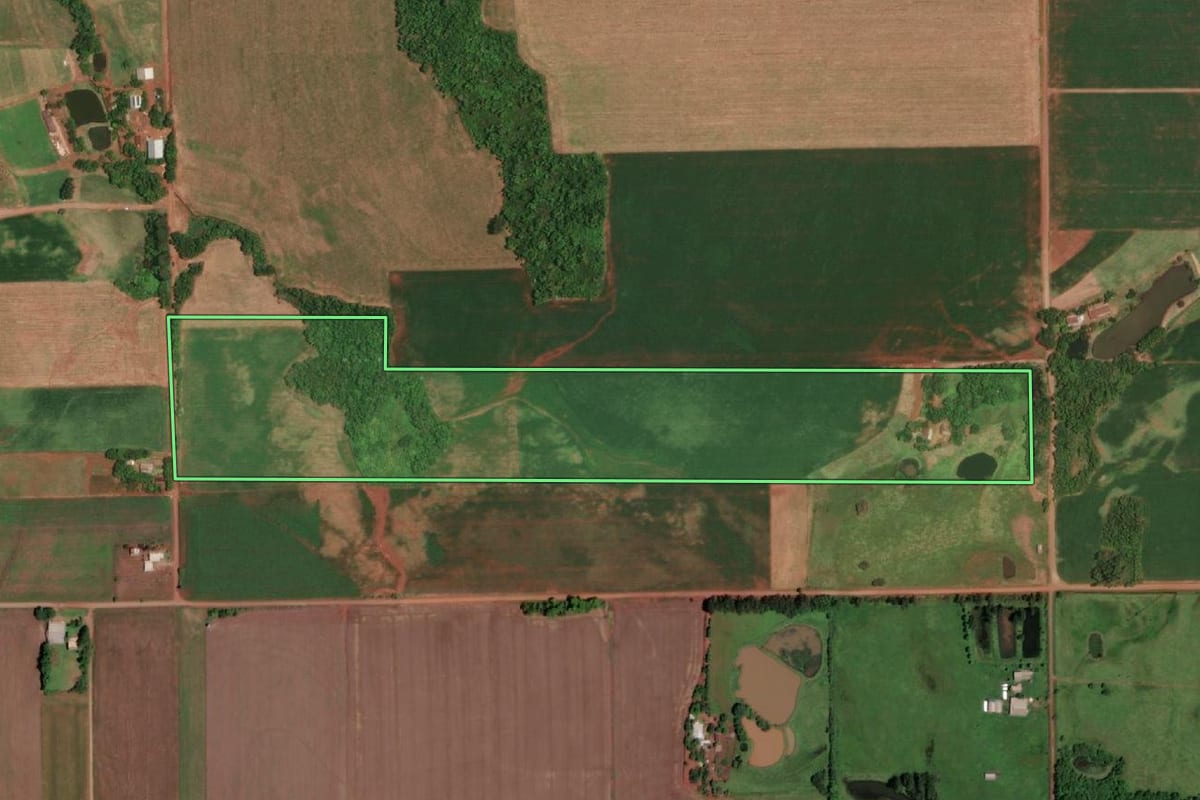 Imagem de satélite do imóvel rural em Campina das Missões (RS), com o contorno declarado no CAR desenhado por cima.