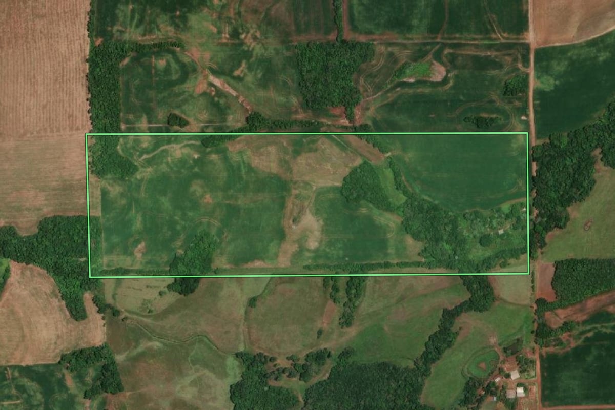 Imagem de satélite do imóvel rural em Campina das Missões (RS), com o contorno declarado no CAR desenhado por cima.