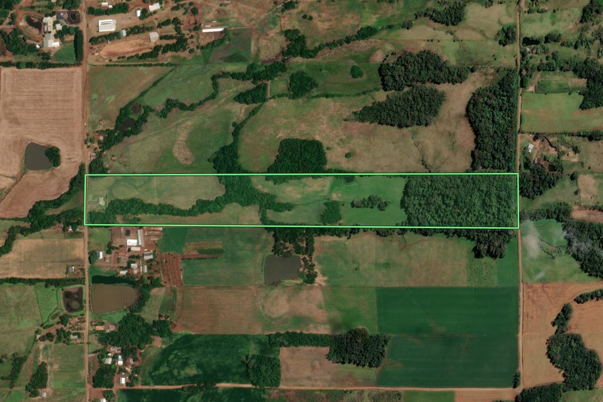 Imagem de satélite do imóvel rural em Campina das Missões (RS), com o contorno declarado no CAR desenhado por cima.
