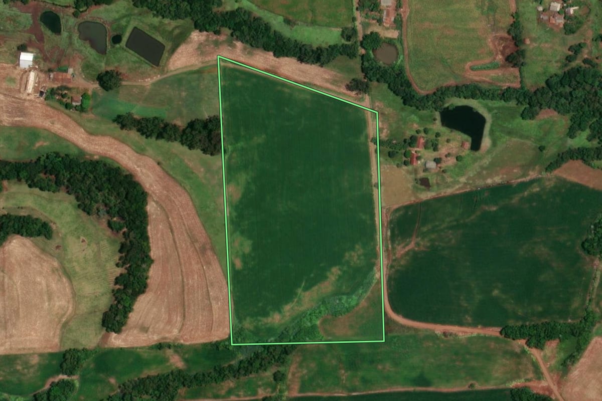 Imagem de satélite do imóvel rural em Campina das Missões (RS), com o contorno declarado no CAR desenhado por cima.