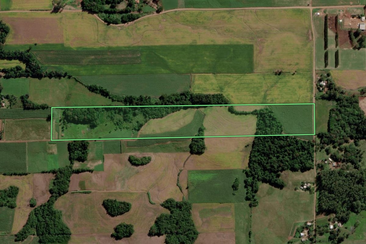 Imagem de satélite do imóvel rural em Campina das Missões (RS), com o contorno declarado no CAR desenhado por cima.