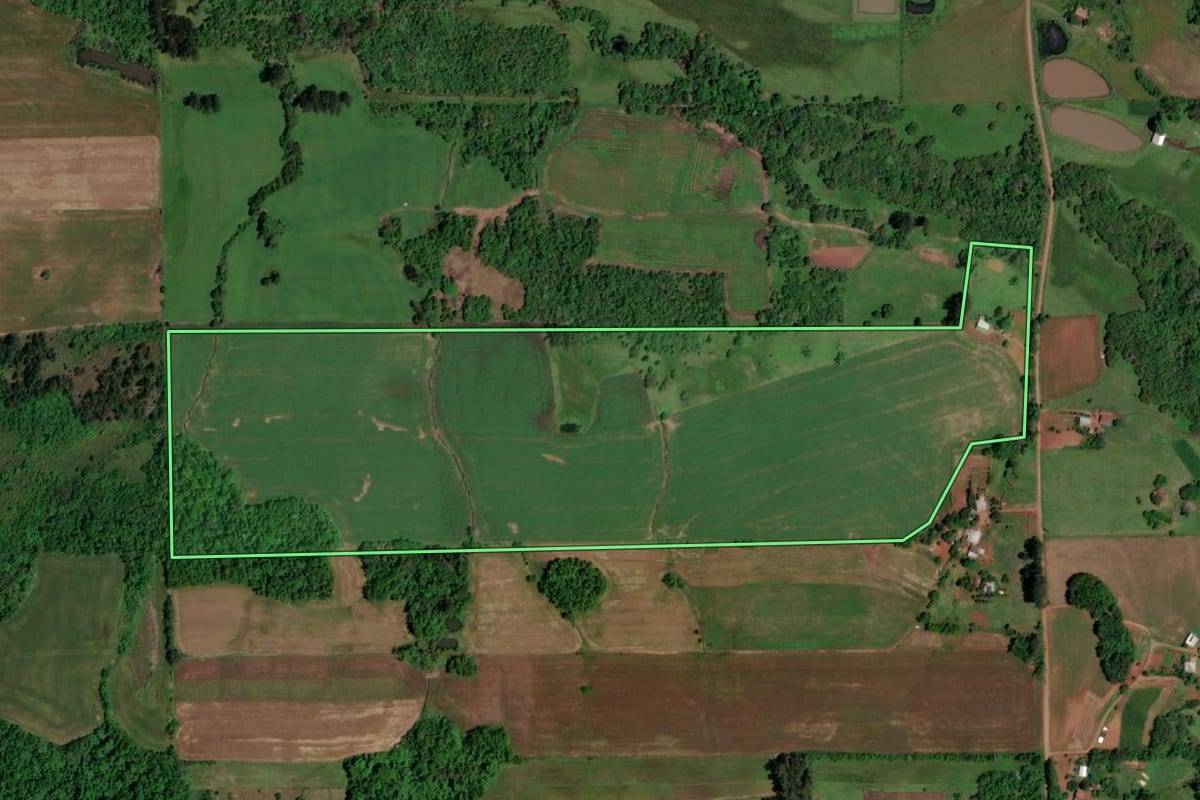 Imagem de satélite do imóvel rural em Campina das Missões (RS), com o contorno declarado no CAR desenhado por cima.
