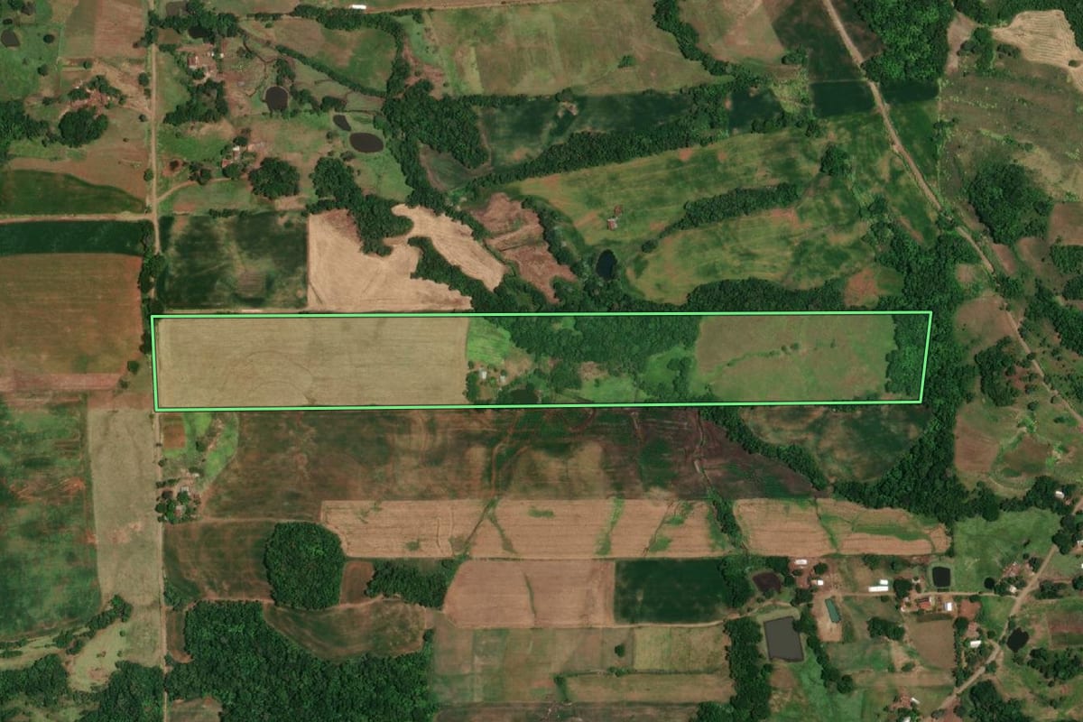 Imagem de satélite do imóvel rural em Campina das Missões (RS), com o contorno declarado no CAR desenhado por cima.