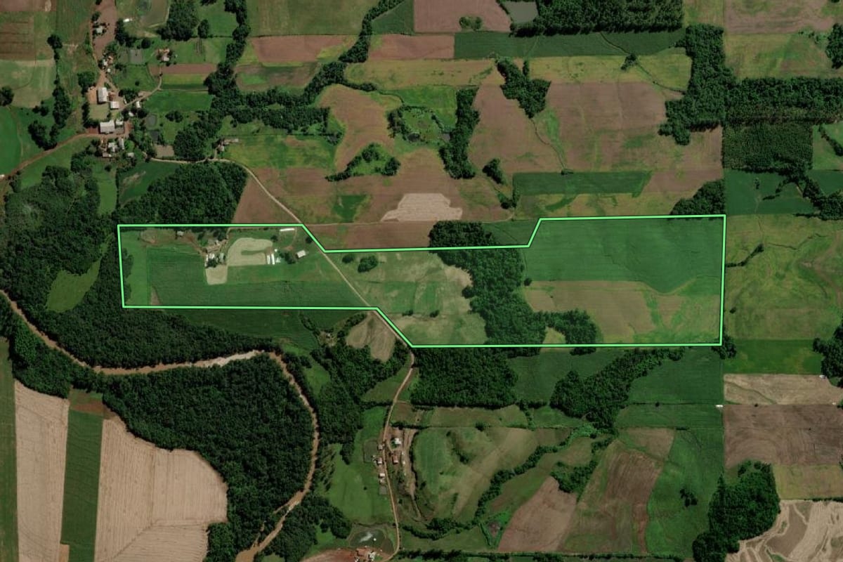 Imagem de satélite do imóvel rural em Campina das Missões (RS), com o contorno declarado no CAR desenhado por cima.