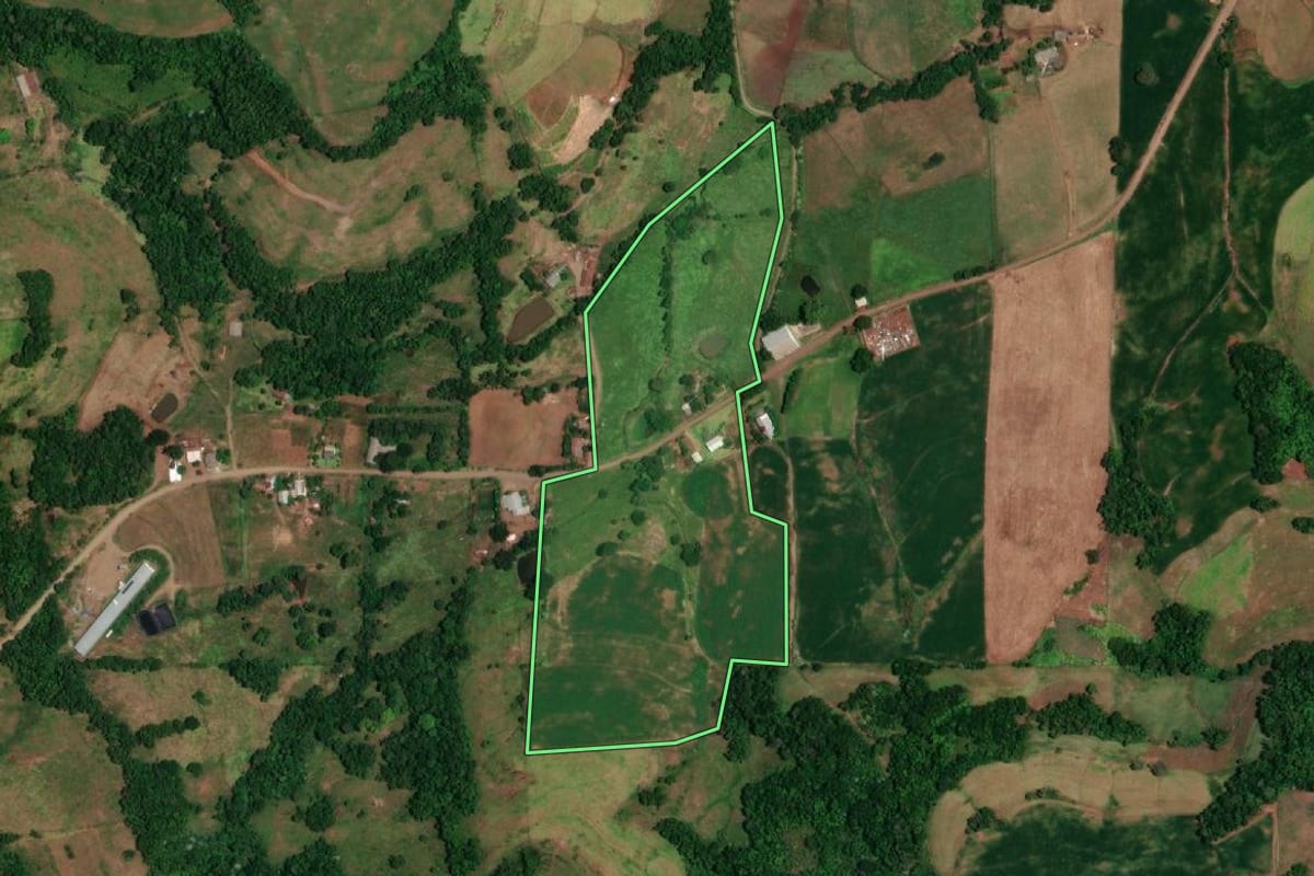 Imagem de satélite do imóvel rural em Campina das Missões (RS), com o contorno declarado no CAR desenhado por cima.