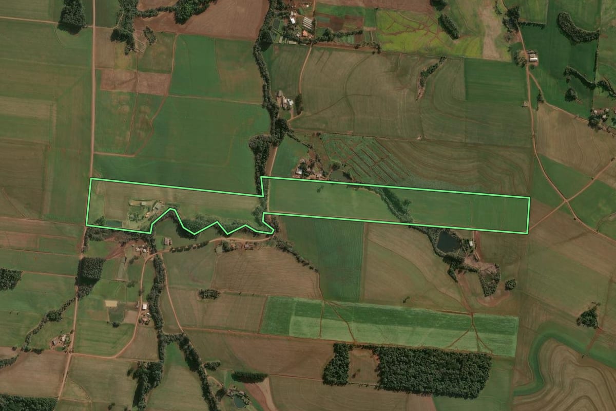 Imagem de satélite do imóvel rural em Campinas do Sul (RS), com o contorno declarado no CAR desenhado por cima.