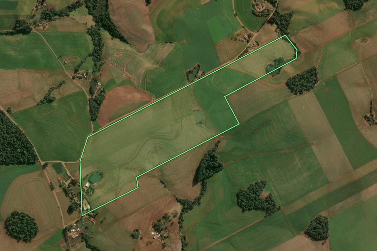 Imagem de satélite do imóvel rural em Campinas do Sul (RS), com o contorno declarado no CAR desenhado por cima.