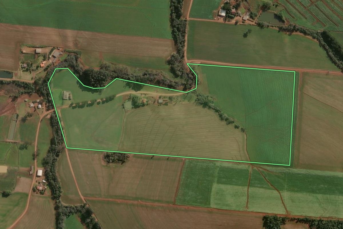 Imagem de satélite do imóvel rural em Campinas do Sul (RS), com o contorno declarado no CAR desenhado por cima.