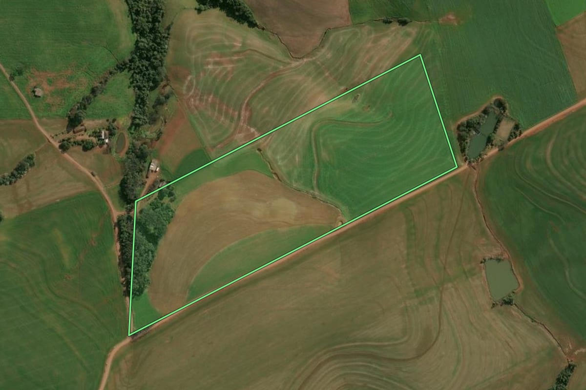 Imagem de satélite do imóvel rural em Campinas do Sul (RS), com o contorno declarado no CAR desenhado por cima.