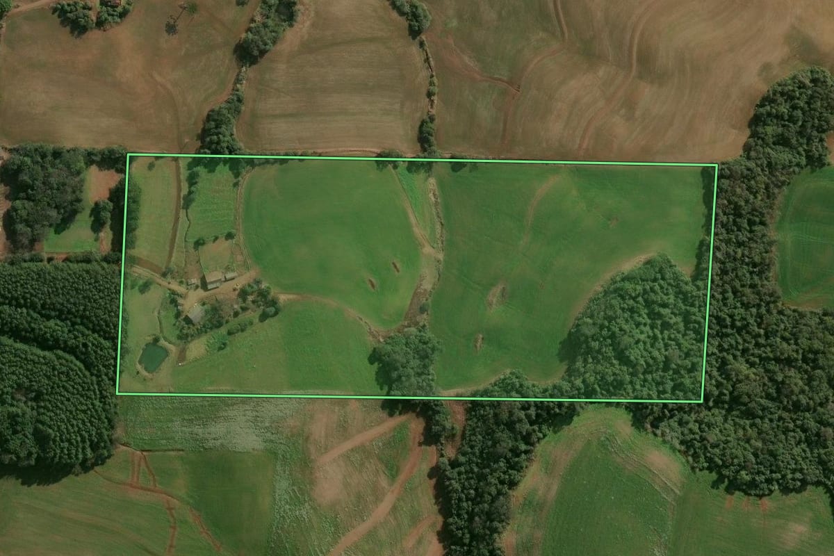 Imagem de satélite do imóvel rural em Campinas do Sul (RS), com o contorno declarado no CAR desenhado por cima.