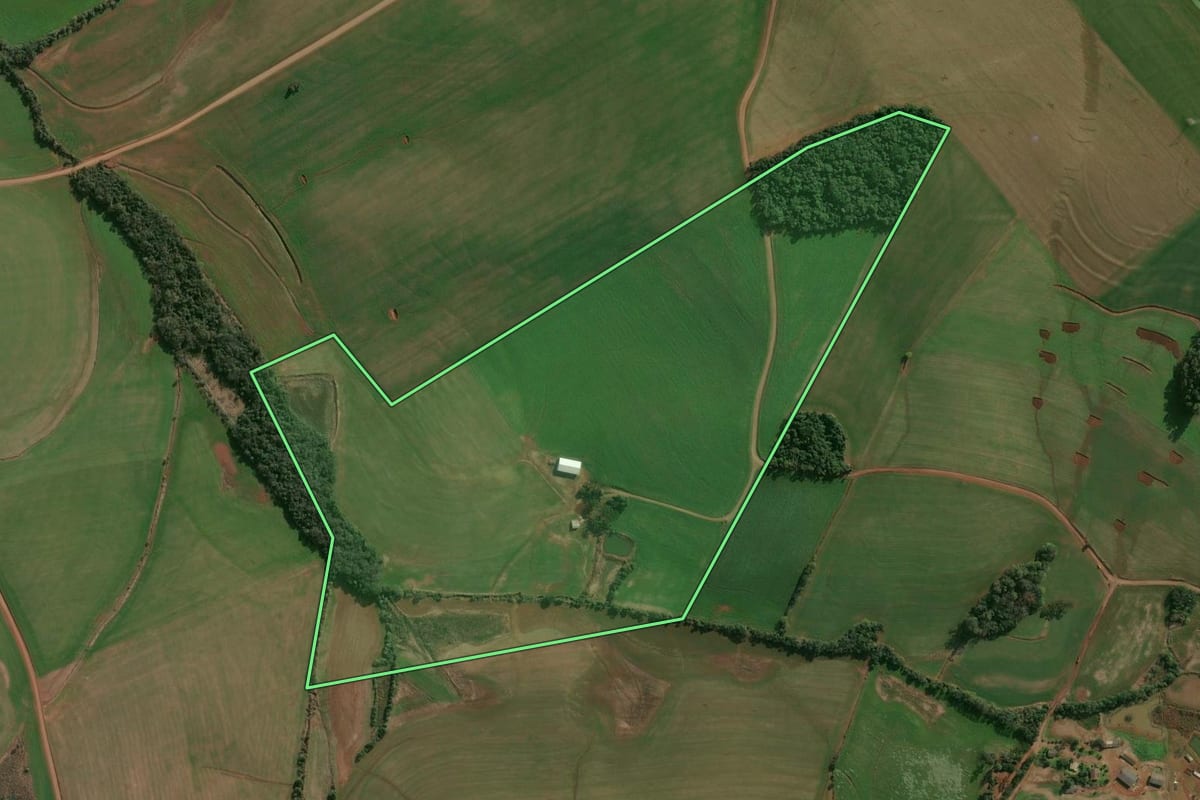 Imagem de satélite do imóvel rural em Campinas do Sul (RS), com o contorno declarado no CAR desenhado por cima.