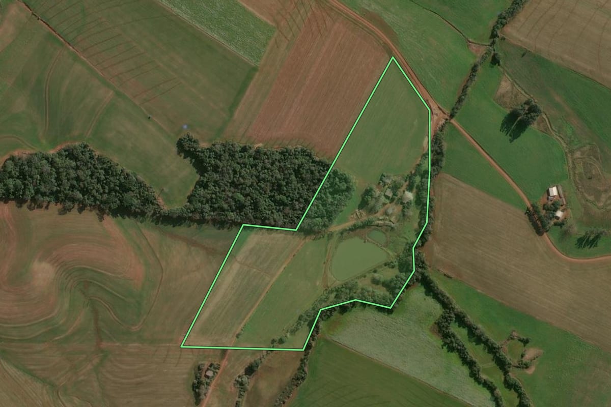 Imagem de satélite do imóvel rural em Campinas do Sul (RS), com o contorno declarado no CAR desenhado por cima.
