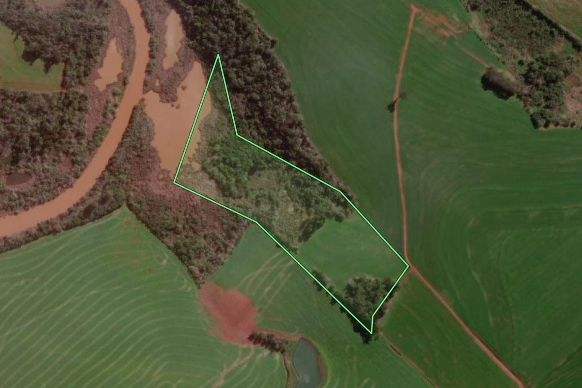 Imagem de satélite do imóvel rural em Campo Novo (RS), com o contorno declarado no CAR desenhado por cima.