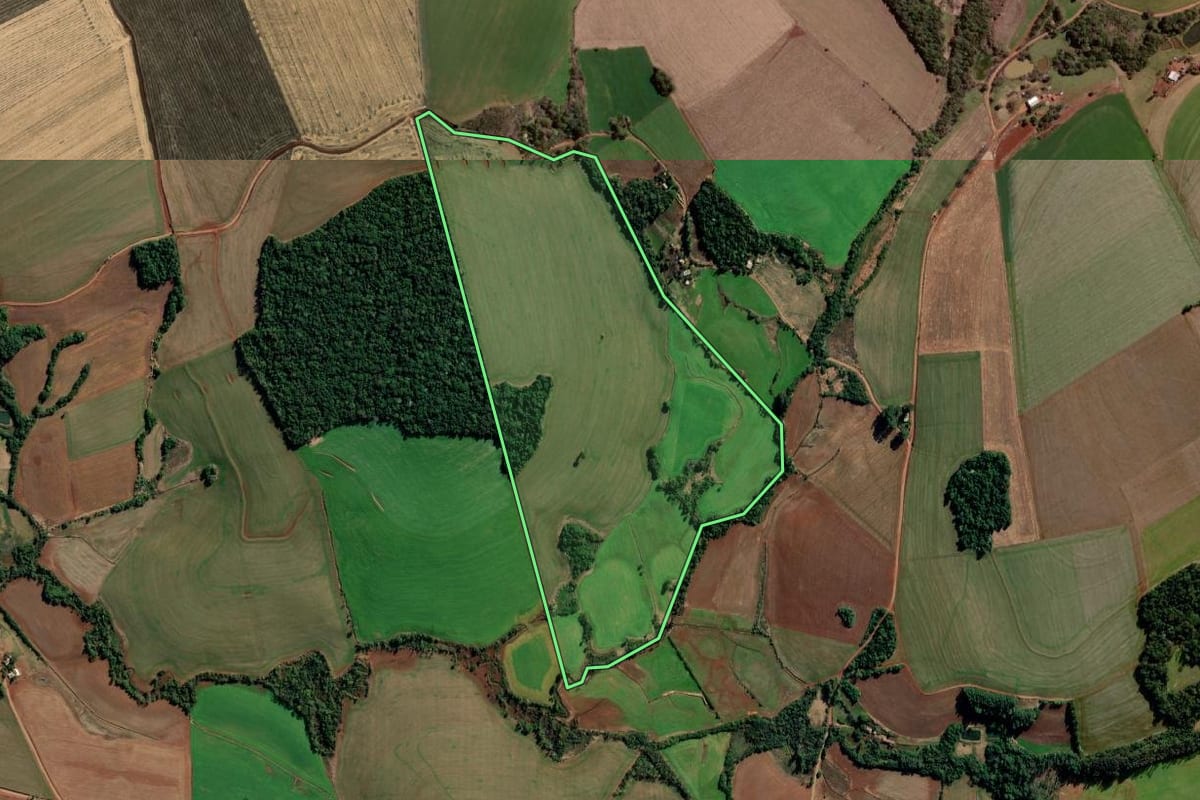 Imagem de satélite do imóvel rural em Campo Novo (RS), com o contorno declarado no CAR desenhado por cima.