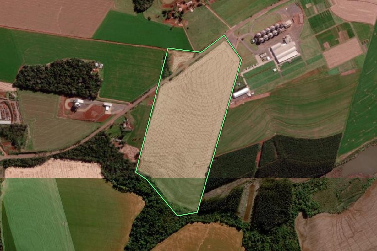 Imagem de satélite do imóvel rural em Campo Novo (RS), com o contorno declarado no CAR desenhado por cima.