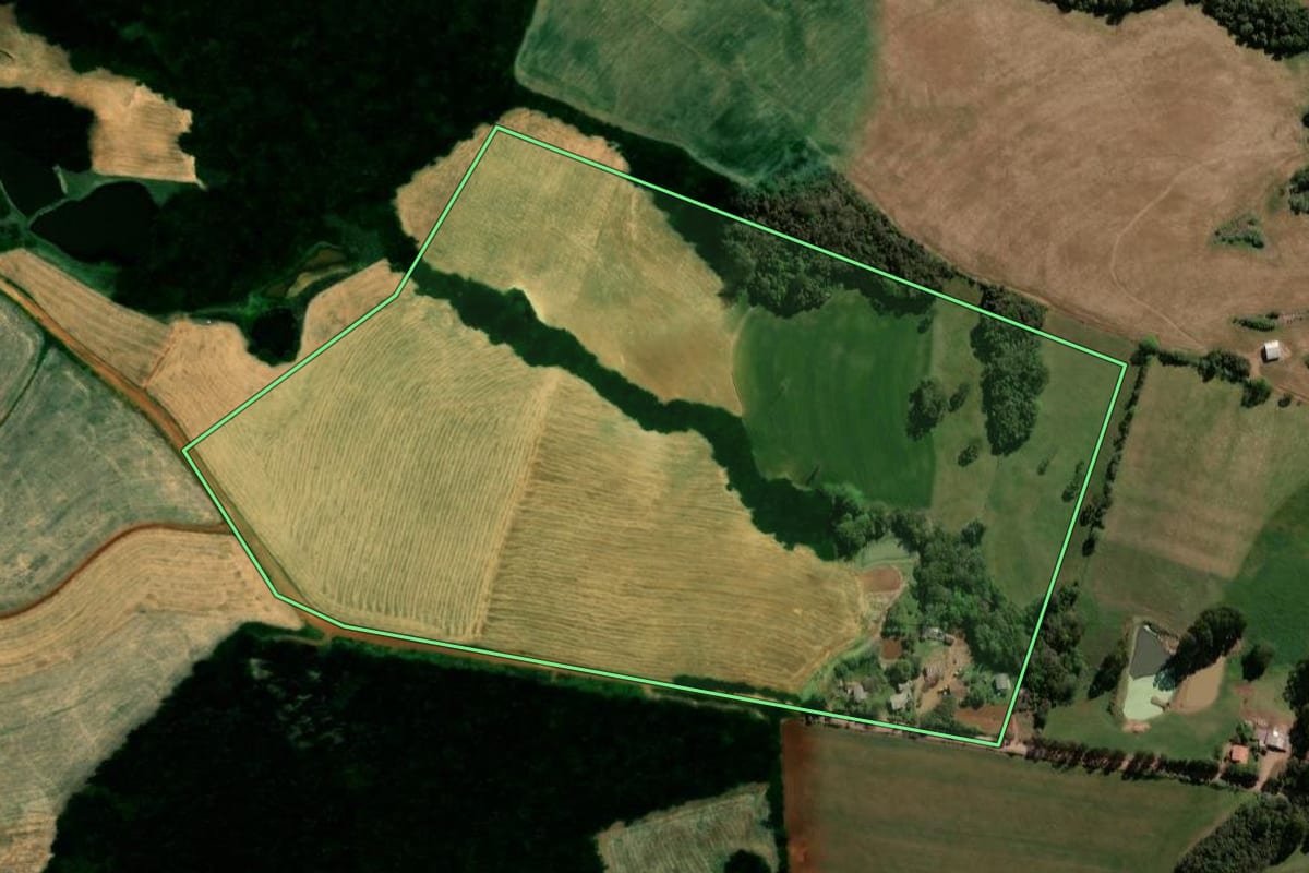 Imagem de satélite do imóvel rural em Campos Borges (RS), com o contorno declarado no CAR desenhado por cima.