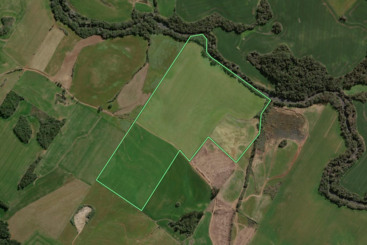 Imagem de satélite do imóvel rural em Campos Borges (RS), com o contorno declarado no CAR desenhado por cima.