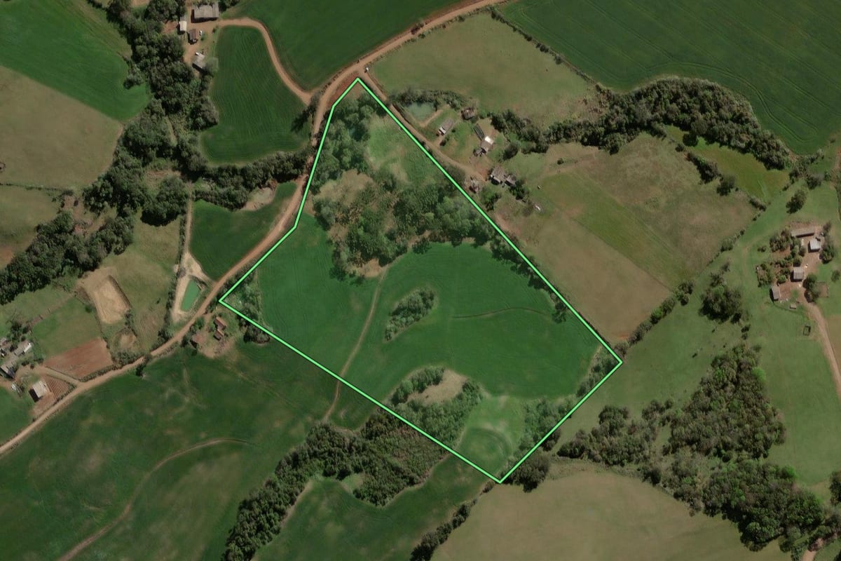 Imagem de satélite do imóvel rural em Campos Borges (RS), com o contorno declarado no CAR desenhado por cima.