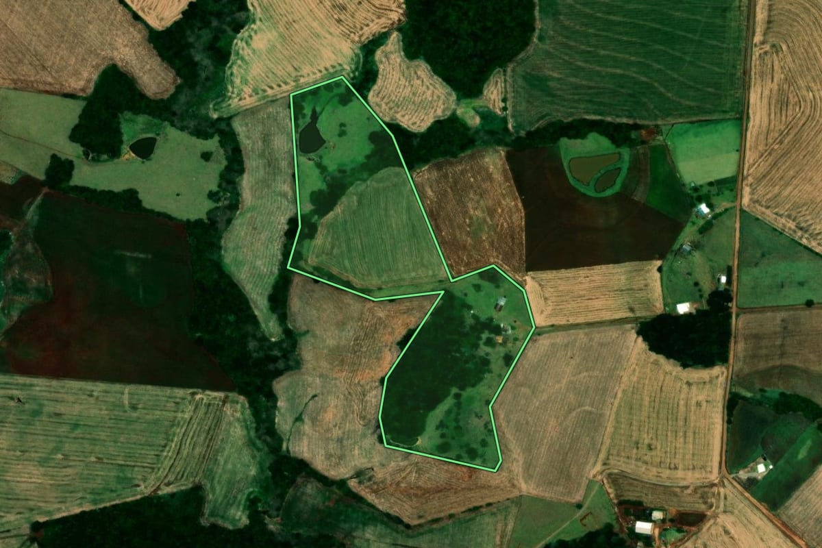 Imagem de satélite do imóvel rural em Campos Borges (RS), com o contorno declarado no CAR desenhado por cima.