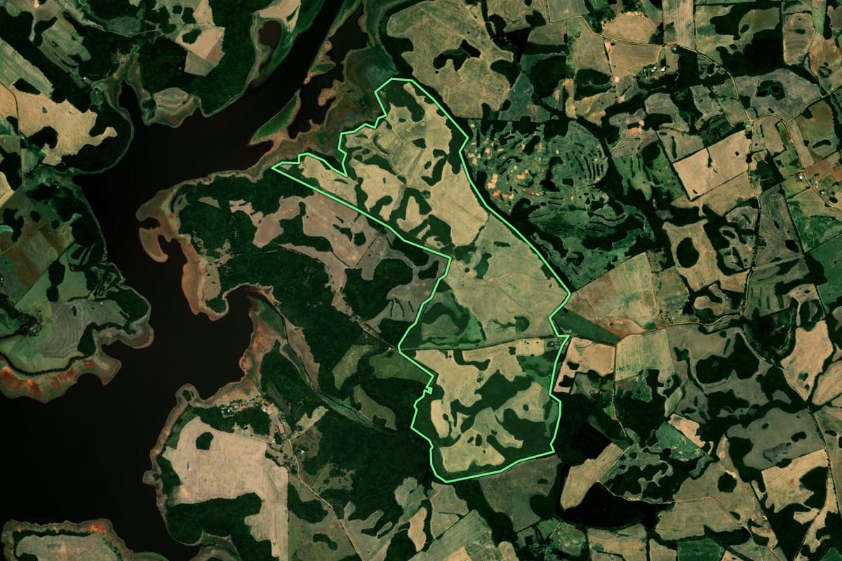 Imagem de satélite do imóvel rural em Campos Borges (RS), com o contorno declarado no CAR desenhado por cima.