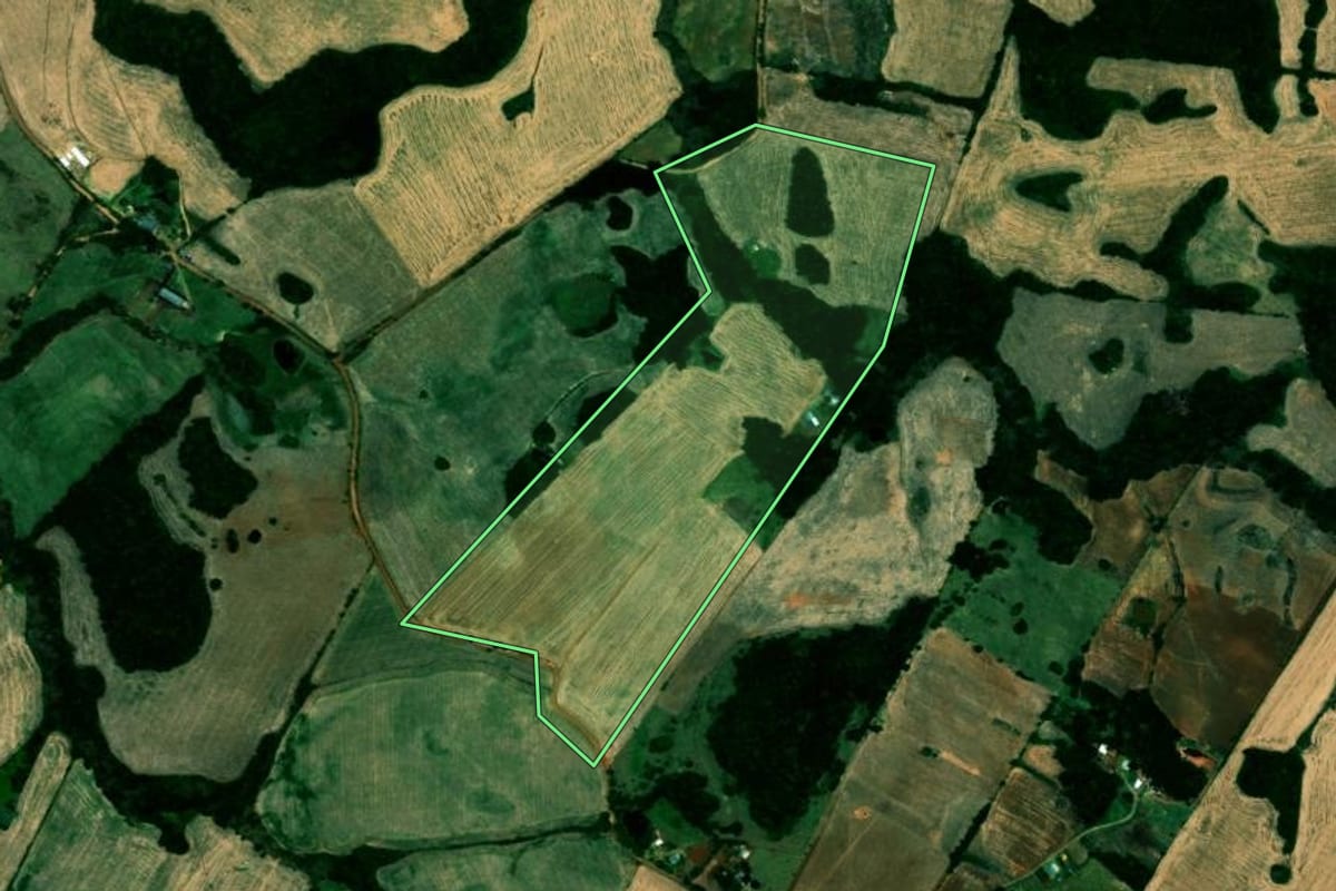 Imagem de satélite do imóvel rural em Campos Borges (RS), com o contorno declarado no CAR desenhado por cima.