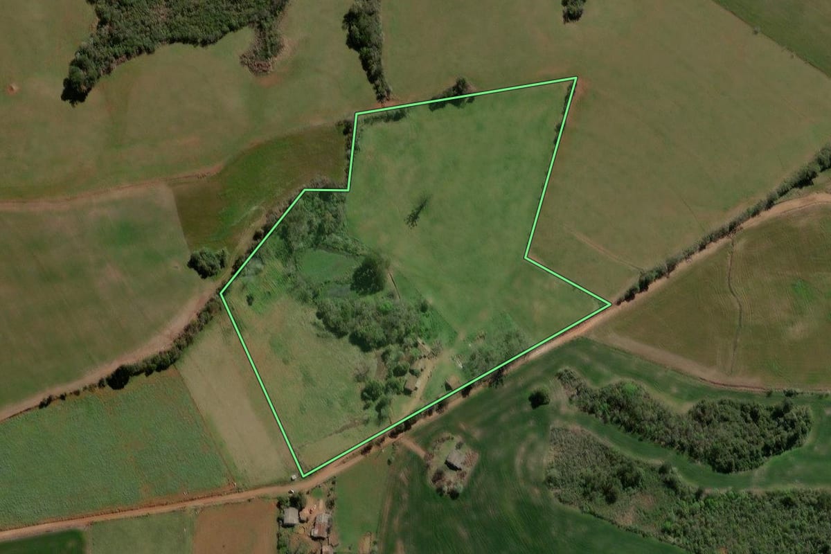 Imagem de satélite do imóvel rural em Campos Borges (RS), com o contorno declarado no CAR desenhado por cima.