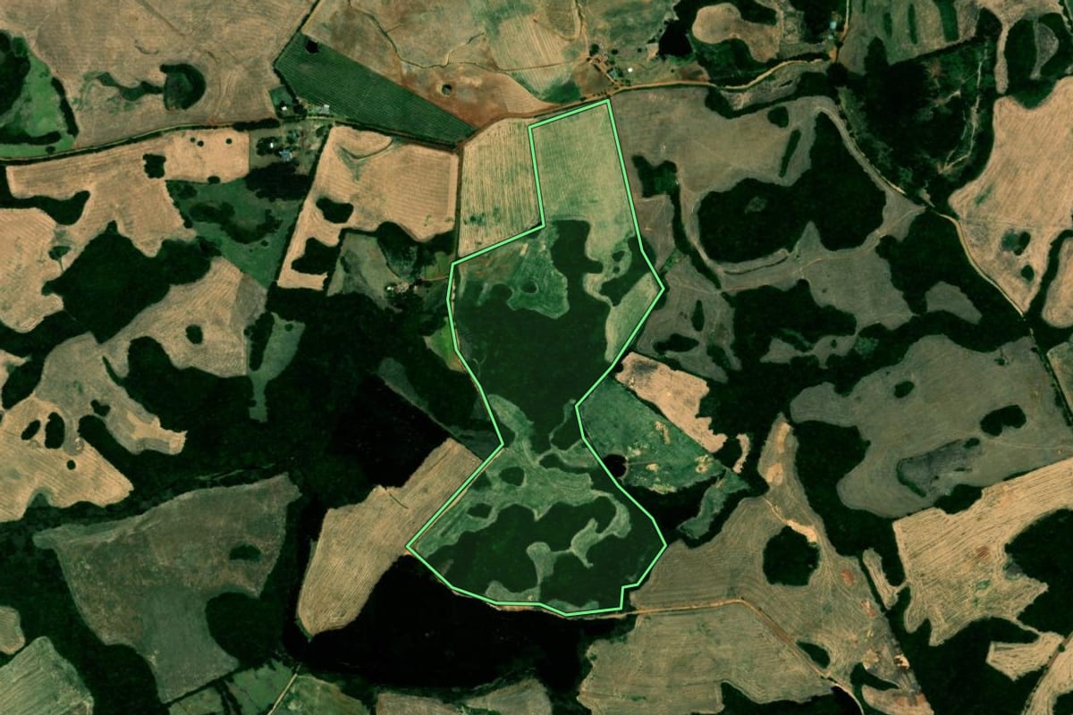 Imagem de satélite do imóvel rural em Campos Borges (RS), com o contorno declarado no CAR desenhado por cima.