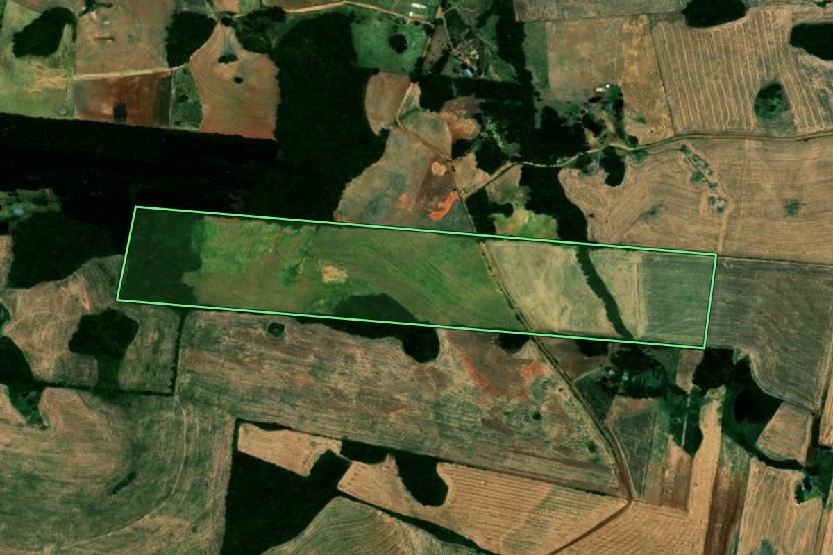 Imagem de satélite do imóvel rural em Campos Borges (RS), com o contorno declarado no CAR desenhado por cima.