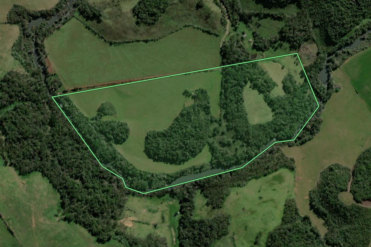 Imagem de satélite do imóvel rural em Campos Borges (RS), com o contorno declarado no CAR desenhado por cima.