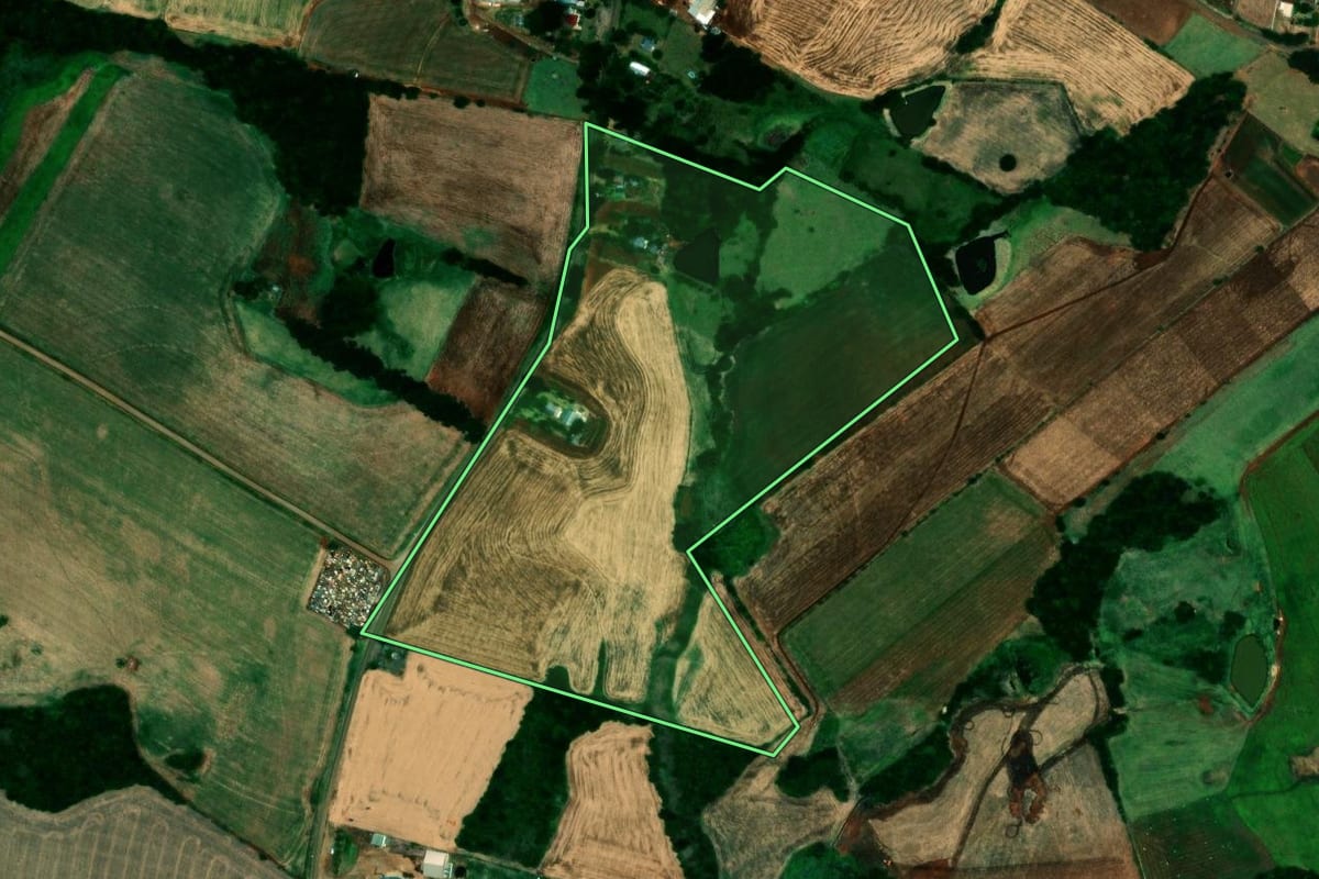 Imagem de satélite do imóvel rural em Campos Borges (RS), com o contorno declarado no CAR desenhado por cima.