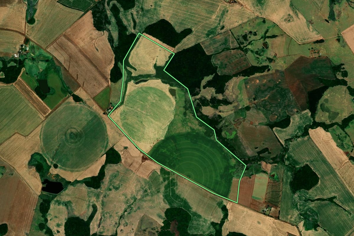 Imagem de satélite do imóvel rural em Campos Borges (RS), com o contorno declarado no CAR desenhado por cima.