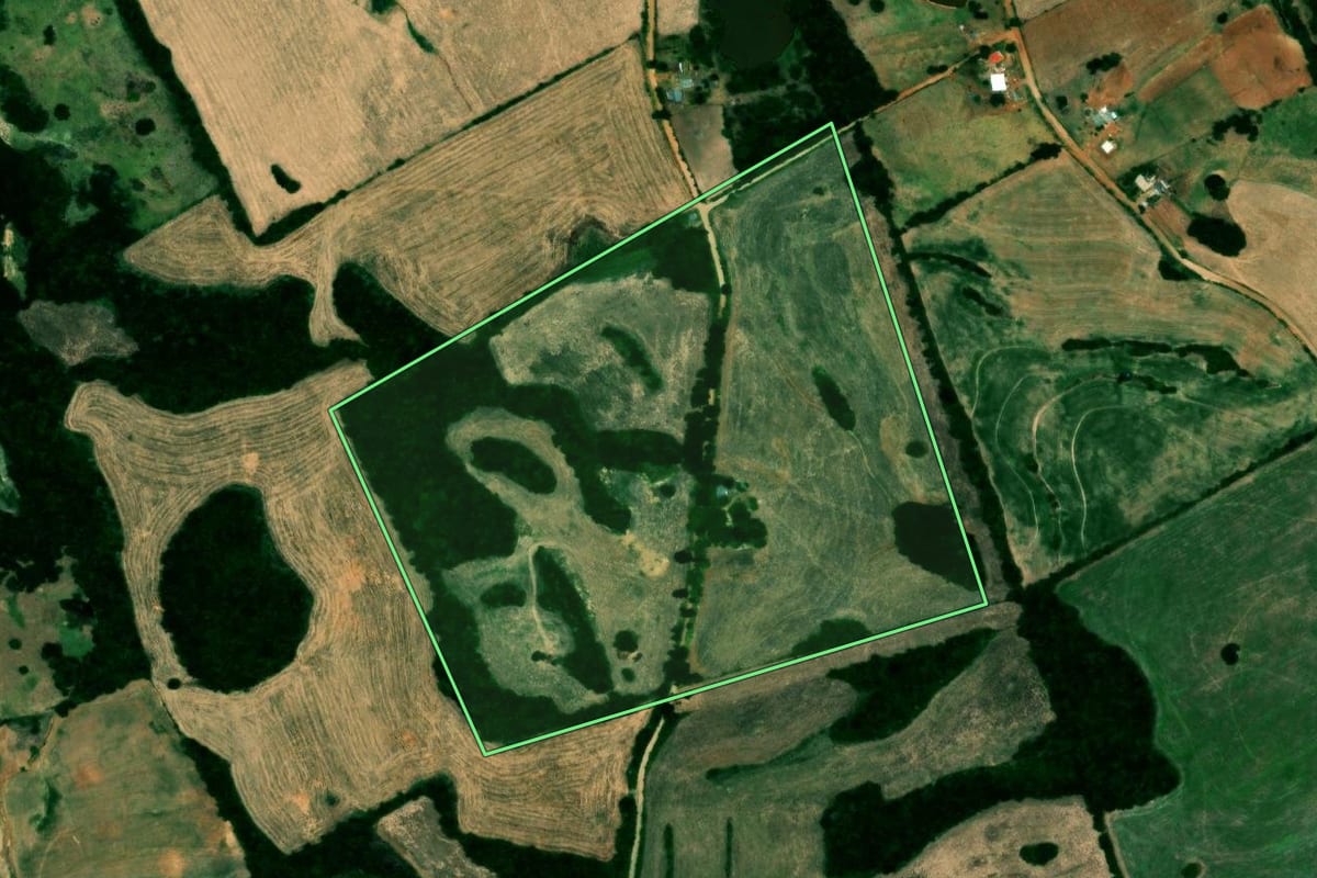 Imagem de satélite do imóvel rural em Campos Borges (RS), com o contorno declarado no CAR desenhado por cima.