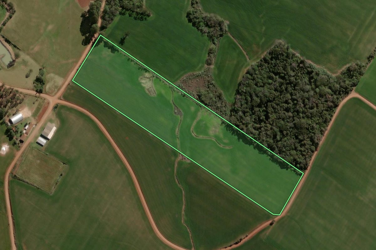 Imagem de satélite do imóvel rural em Campos Borges (RS), com o contorno declarado no CAR desenhado por cima.