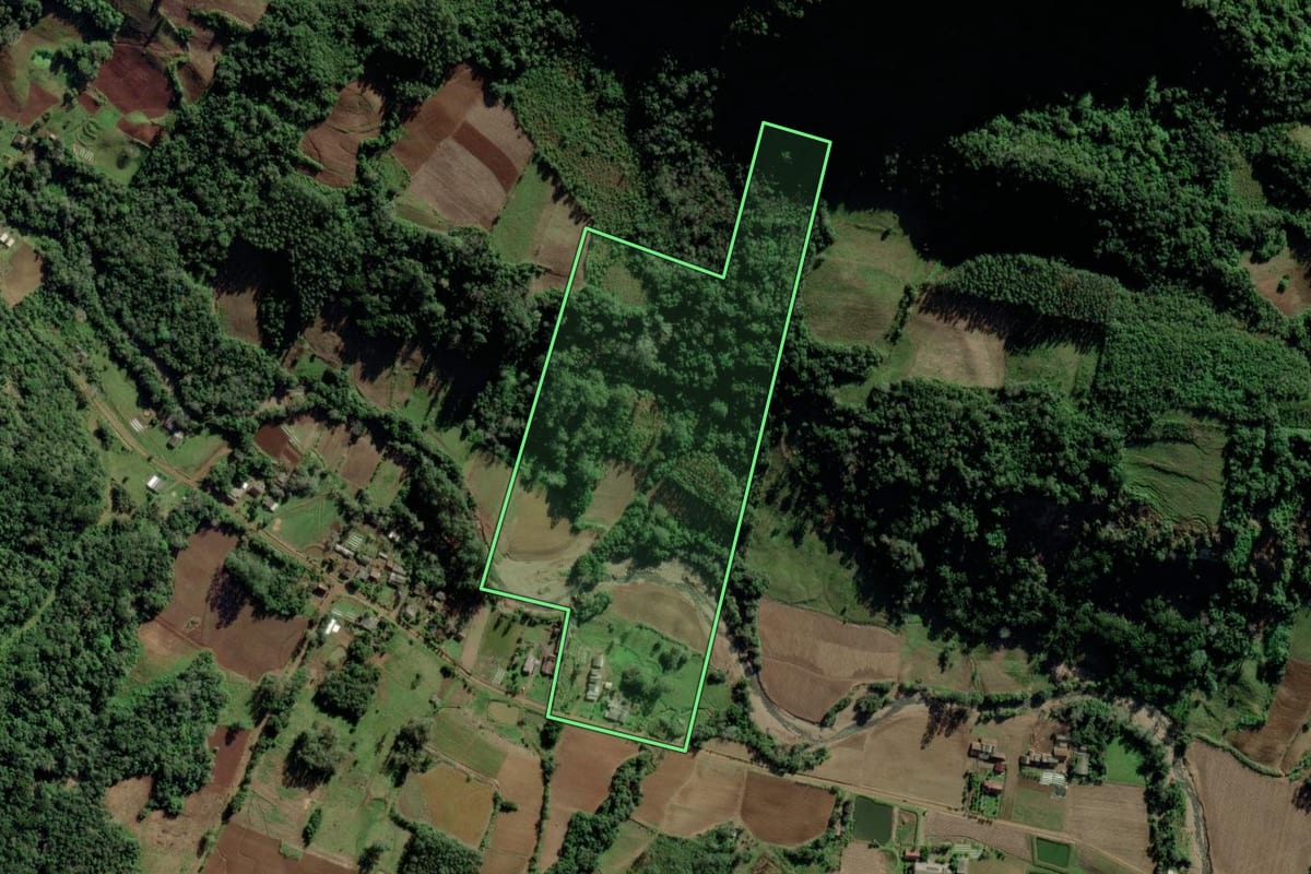 Imagem de satélite do imóvel rural em Candelária (RS), com o contorno declarado no CAR desenhado por cima.