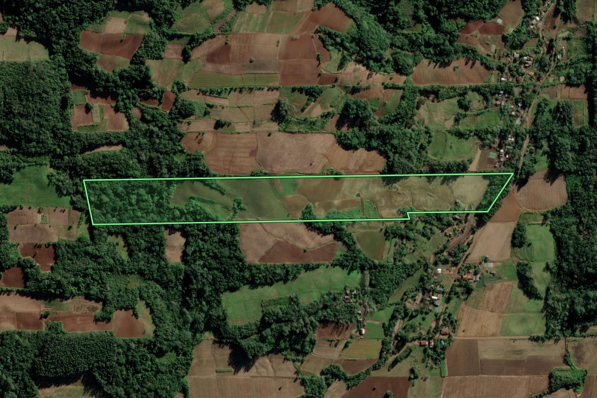 Imagem de satélite do imóvel rural em Candelária (RS), com o contorno declarado no CAR desenhado por cima.