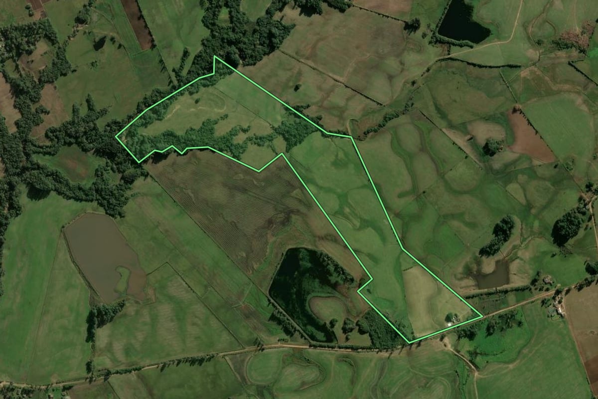 Imagem de satélite do imóvel rural em Candelária (RS), com o contorno declarado no CAR desenhado por cima.