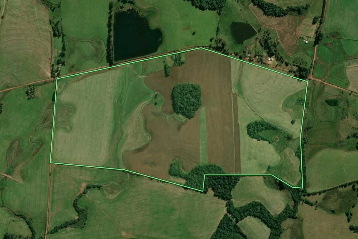 Imagem de satélite do imóvel rural em Candelária (RS), com o contorno declarado no CAR desenhado por cima.