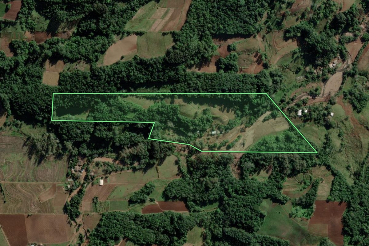 Imagem de satélite do imóvel rural em Candelária (RS), com o contorno declarado no CAR desenhado por cima.