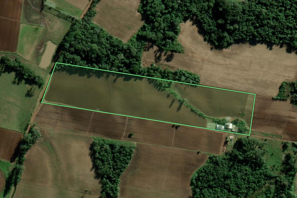 Imagem de satélite do imóvel rural em Candelária (RS), com o contorno declarado no CAR desenhado por cima.